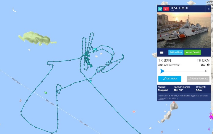 Δείτε πώς σκάφος του τουρκικού Λιμενικού έχει περικυκλώσει τα Ιμια από τις 10 το πρωί της Δευτέρας (Marine Traffic)
