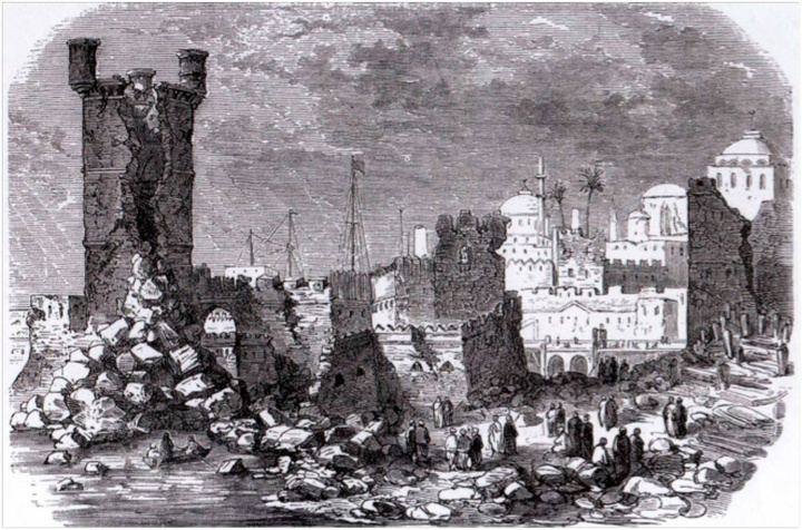 Ο πύργος του NAILLAC μετά τη μερική κατάρρευση του λόγω της ανάφλεξης της πυρίτιδας στα υπόγεια του ναού του Αγίου Ιωάννη το 1856   (Εφημερίδα Βρεττανικός Αστέρας-Συλλογή Α. Μαΐλλη)