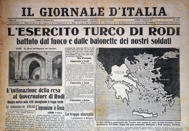 Η κατάληψη  της Ρόδου από τους Ιταλούς, πρώτο θέμα στην Ιταλική  εφημερίδα Il Giornale D’ Italia που κυκλοφόρησε στις 6 Μαΐου 1912, μία μέρα  μετά το γεγονός