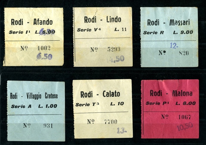 Εισιτήρια λεωφορείων για τα χωριά της Ρόδου που χρονολογούνται το διάστημα 1930-1940