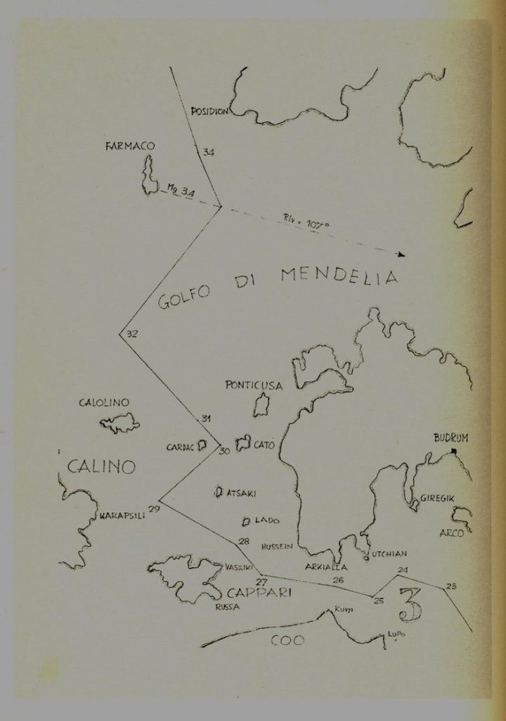 Απόσπασμα χάρτη που συνοδεύει τη χάραξη των θαλάσσιων συνόρων Ιταλίας-Τουρκίας το έτος 1932