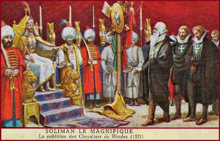 Πιστή απεικόνιση της παράδοσης της πόλης της Ρόδου στο Σουλεϊμάν ο οποίος την παραλαμβάνει από το Μεγάλο Μάγιστρο
