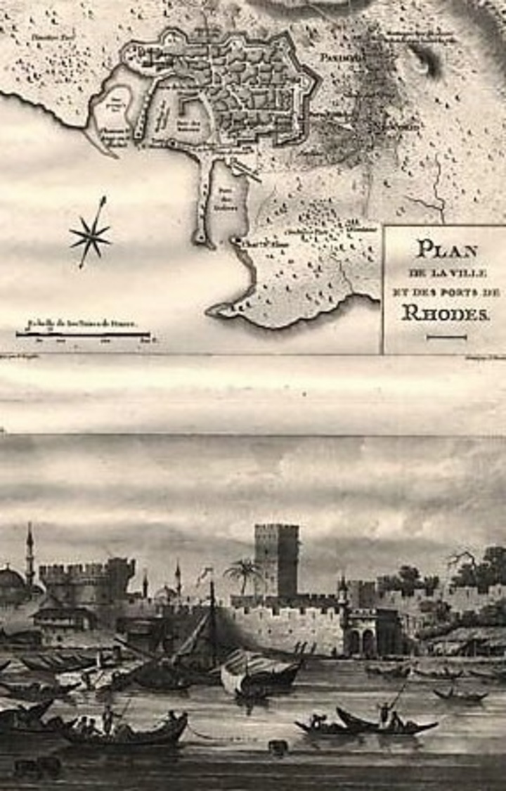 Πλάνο της πόλης της Ρόδου και το λιμάνι με το τελωνείο-1844