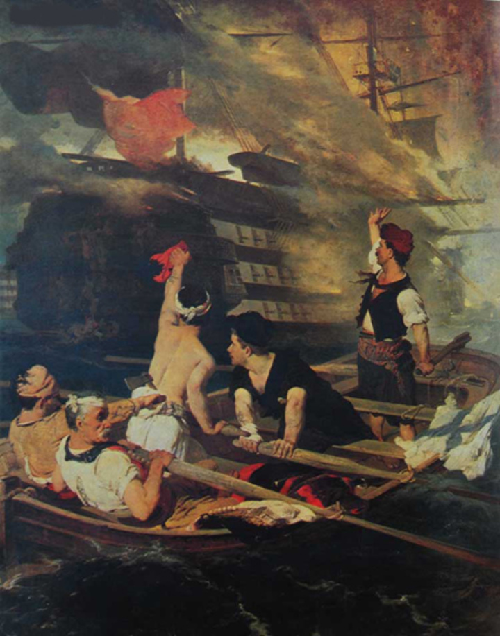Πυρπόληση της τουρκικής ναυαρχίδας από τον Κωνσταντίνο Κανάρης- πίνακας-Νικηφόρου Λύτρα 