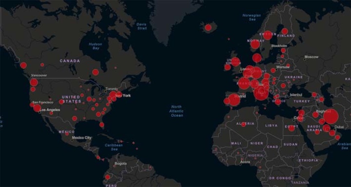 A SCREENSHOT FROM THE JOHNS HOPKINS UNIVERSITY’S TRACKER OF COVID-19 CASES ON MARCH 10. (CENTER FOR SYSTEMS SCIENCE AND ENGINEERING (CSSE) AT JOHNS HOPKINS UNIVERSITY)