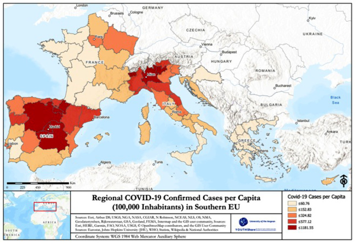 ΧΑΡΤΗΣ 1: Συνολικά επιβεβαιωμένα κρούσματα COVID-19 κατά κεφαλήν (ανά 100 χιλ. κατοίκους)  έως τις 23/4/2020, περιφέρειες οκτώ χωρών Μεσογειακού Ευρωπαϊκού Νότου