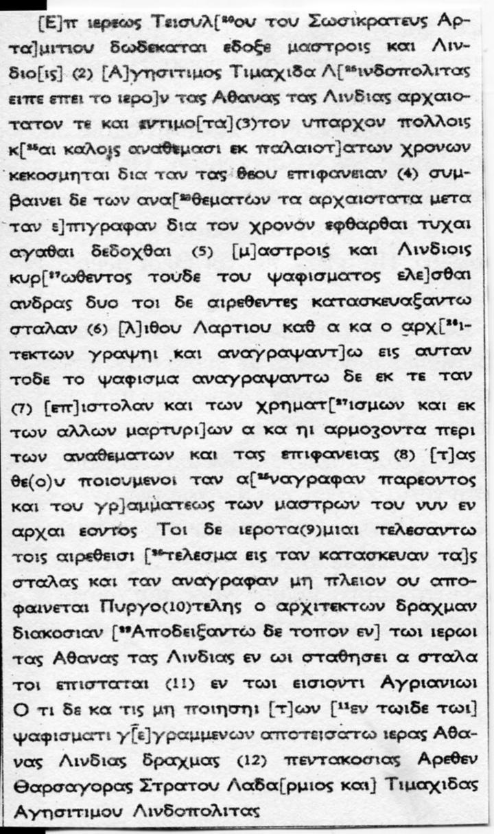 Το πρακτικό εκπροσώπων των Λινδοπολιτών με βάση του οποίου ανατέθηκε στον φιλόλογο και λόγιο Λίνδιο Τιμαχίδα να περιγράψει τα αφιερώματα κ.λπ., που βρίσκονταν εντός του χώρου της Ακρόπολης Λίνδου ως και στο Ναό της Λινδίας Αθηνάς (Φωτοαντιγραφή από τη σελίδα 154 του πρώτου τόμου της εργασίας των Δανών Αρχαιολόγων K.F. Kinch και Blinkenberg).
