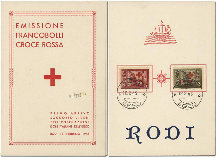 Αναμνηστικά γραμματόσημα με την άφιξη του Διεθνούς Ερυθρού Σταυρού στη Ρόδο-18.2.1945