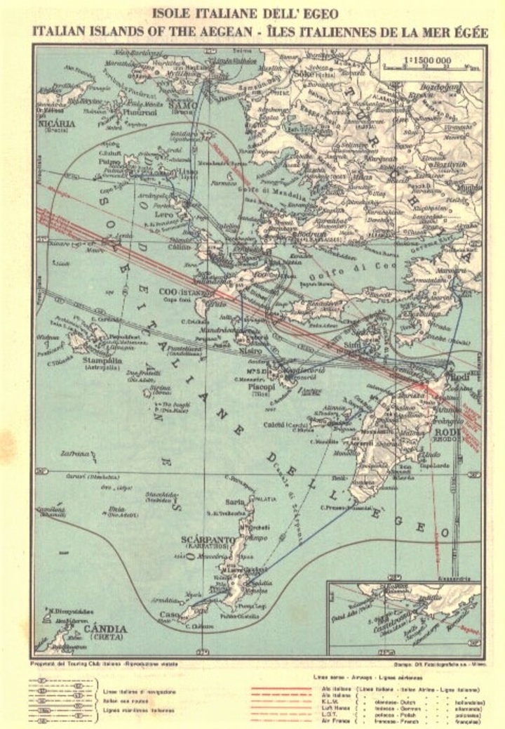 Μεσοπόλεμος. Χάρτης των Ιταλικών Νησιών του Αιγαίου, με τις θαλάσσιες και αεροπορικές συγκοινωνίες 