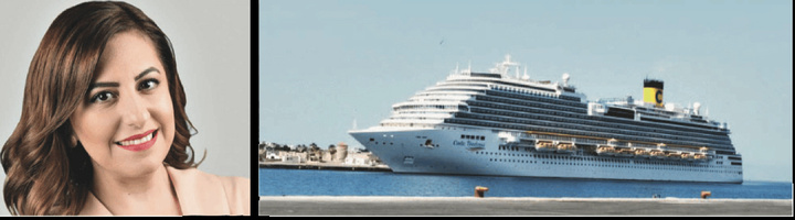 Τηρώντας τα πρωτόκολλα το κρουαζιερόπλοιο “Costa Diadema” αποβιβάζει επιβάτες. Αριστερά: η Μαρία Αγγέλου, υπεύθυνη Τύπου στο Σωματείο Επιχειρηματιών  και Επαγγελματιών Μεσαιωνικής Πόλης Ρόδου (πηγή: Εφημερίδα «Η Ροδιακή»)