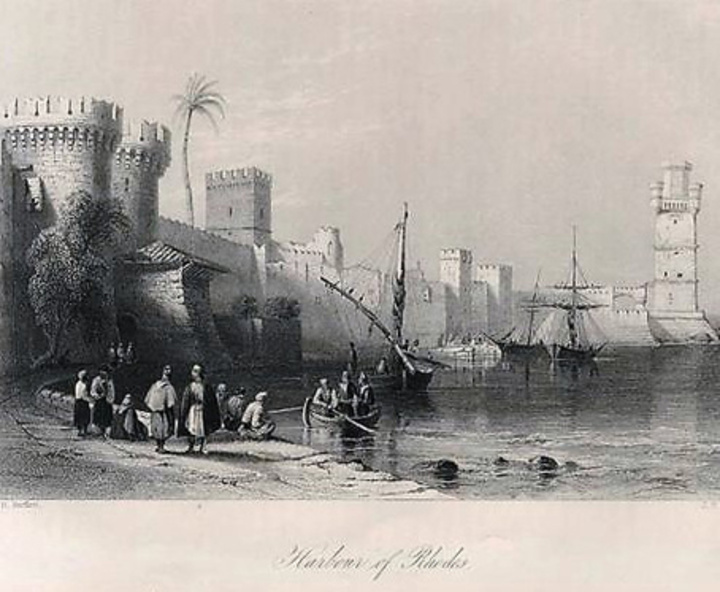 1850 Το λιμάνι της Ρόδου.  Γκραβούρα του W.H.Barlett 