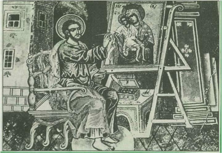 Μονή της Ρίλας (Βουλγαρία). Ο Ευαγγελιστής Λουκάς ζωγραφίζει την Κυκκώτισσα. Τοιχογραφία του 1799