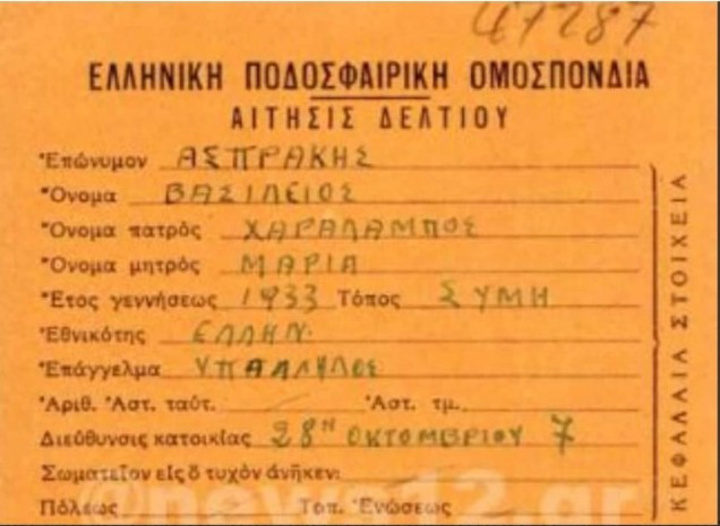 Το ποδοσφαιρικό δελτίο του Βασίλη Ασπράκη