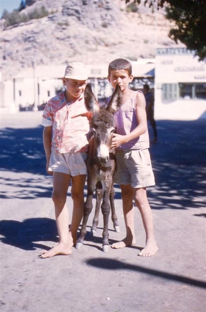 Λίνδος 1957, δύο νεαρά αγόρια ποζάρουν αγκαλιά  με ένα γαϊδουράκι  (Haldi Bob)