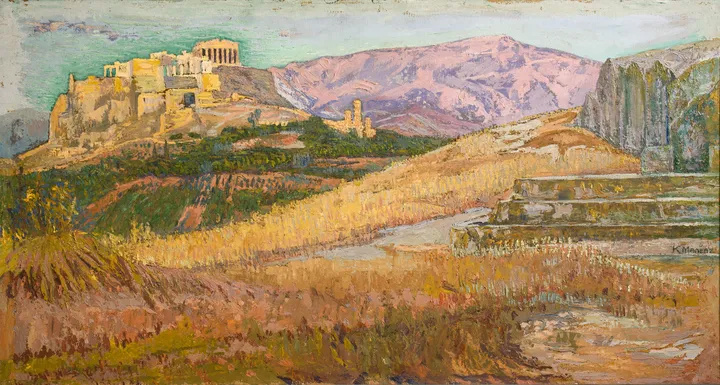 Κωνσταντίνος Μαλέας, Η Ακρόπολη από την Πνύκα, 1914-17, Λάδι σε χαρτόνι, 50 x 100 εκ.