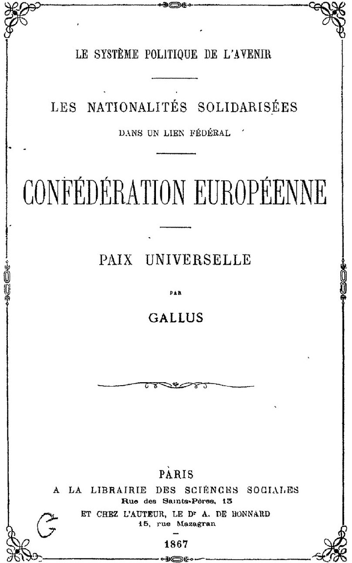 Το εξώφυλλο του βιβλίου «Ευρωπαϊκή Συνομοσπονδία» του Arthue (Charles) de Bonnard που κυκλοφόρησε το 1867 
