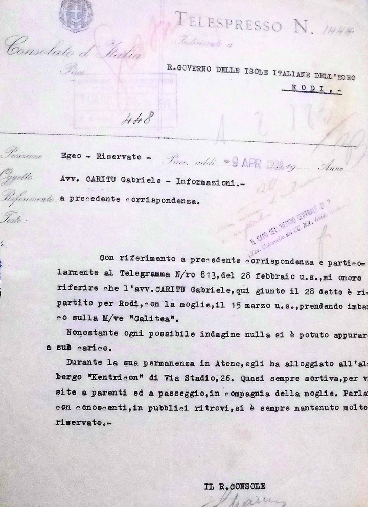 Η παρακολούθηση Χαρίτου  στην Αθήνα από το Ιταλικό  Προξενείο Πειραιώς 