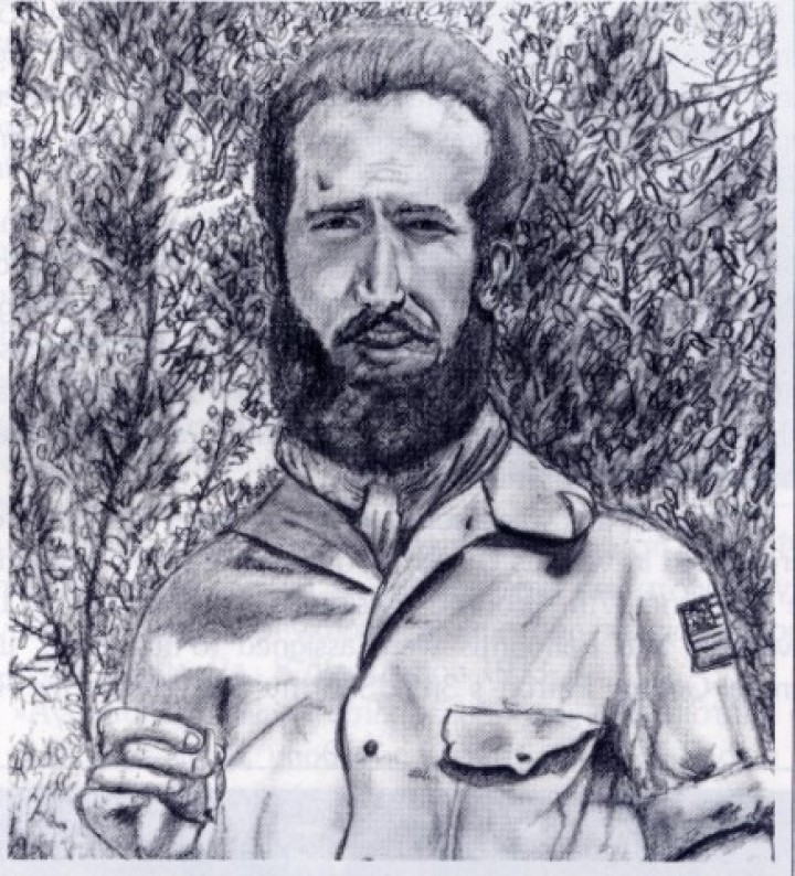 Ο Μηνάς Καβαλιέρος στο στρατηγείο του στρατηγού Ζέρβα στο Σούλι, Σεπτέμβριος 1944 (σκίτσο του Ανδρέα Γούναρη από την πρωτότυπη φωτογραφία)