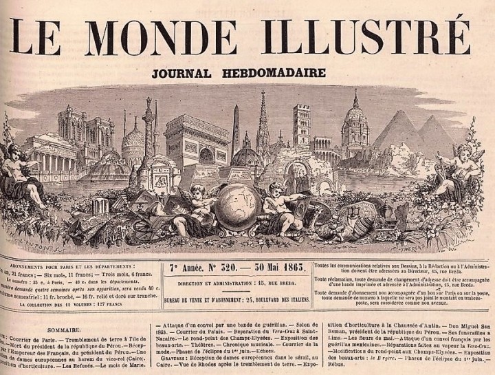 Η α’ σελίδα της “MONDE” στις 30.5.1863, αρίθμ φύλ. 320.  Στα περιεχόμενα δημοσιεύ́εται ως πρώτη είδηση ο σεισμός της Ρόδου