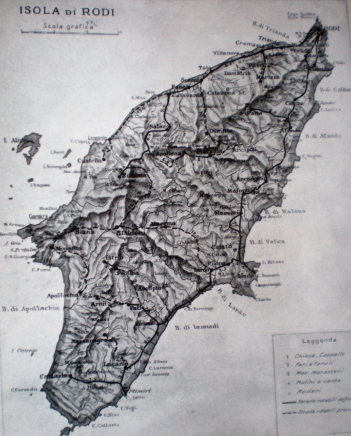 Χάρτης της Ρόδου στα τέλη  του Μεσοπολέμου με την Αλιμνιά τις νησίδες της και τη θέση  της Βιλανόβας
