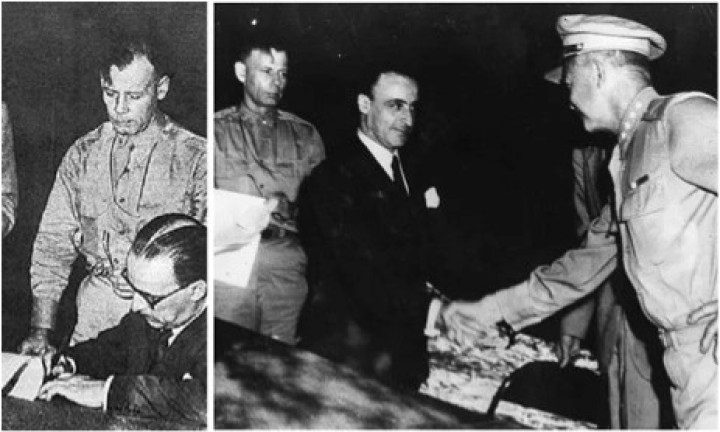 Αριστερή φωτό: Ο στρατηγός Giuseppe Castellano υπογράφει την ανακωχή στο Cassibile. Ο στρατηγός Walter Bedell Smith (όρθιος δεξιά) και ο αξιωματούχος του υπουργείου Εξωτερικών Franco Montanari (αριστερά). Δεξιά φωτό: Ο Ιταλός στρατηγός Τζουζέπε Καστελάνο με τον στρατηγό Ντουάιτ Αϊζενχάουερ, σε χειραψία μετά την υπογραφή της Ανακωχής στο Κασίμπιλε, στις 3 Σεπτέμβρη 1943. Αριστερά του ο στρατηγός Γουόλτερ Μπέντελ Σμιθ