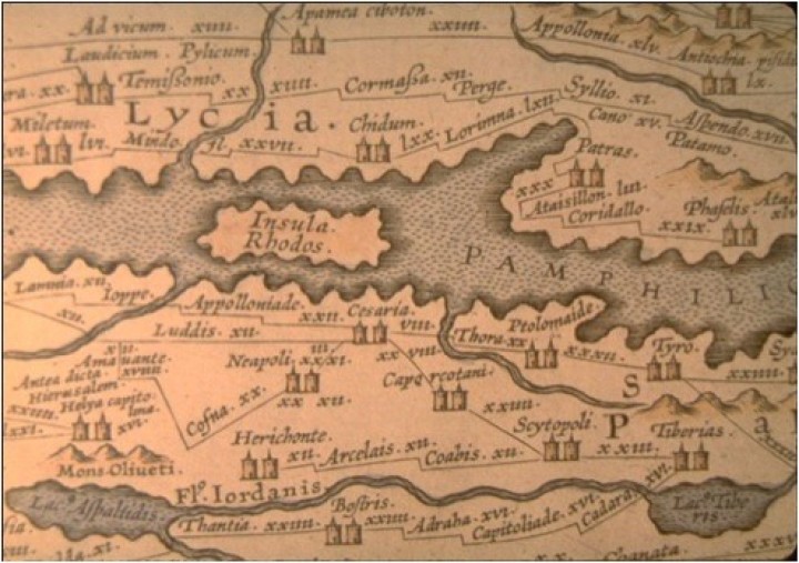 Tabula Peutingeriana, detail: Rhodes (1598 copy from a 12th century MS)