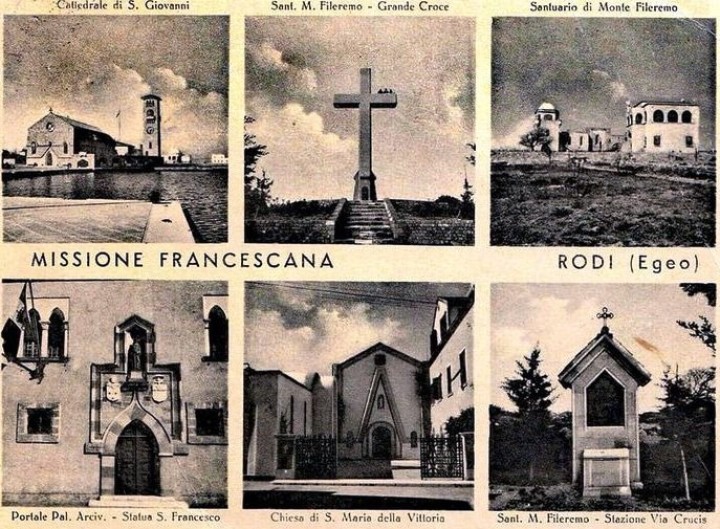 Καρτ ποστάλ Ιταλικής περιόδου (δεκαετίας του '30), με τις καθολικές εκκλησίες