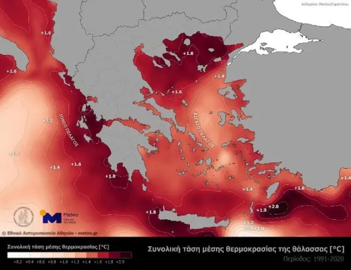 Συνολική τάση της μέσης επιφανειακής θερμοκρασίας της θάλασσας την τριακονταετία 1991-2020.