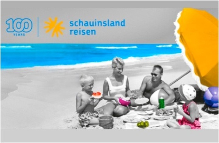 Αφίσα του Schauinsland-Reisen για τα 100 του χρόνια.  Ο τουρ οπερέιτορ ιδρύθηκε την 1η Οκτωβρίου 1918