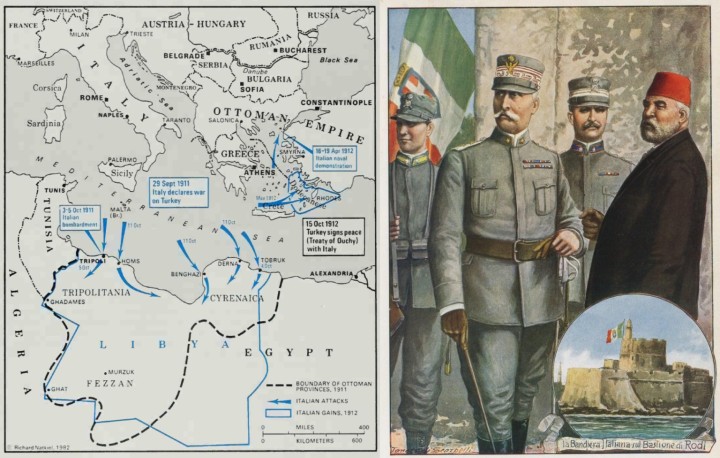 Αριστερά: επιχειρησιακός χάρτης του ιταλο-τουρκικού πολέμου. Δεξιά: στρατηγός  Giovanni Battista Ameglio, ο κατακτητής των Δωδεκανήσων