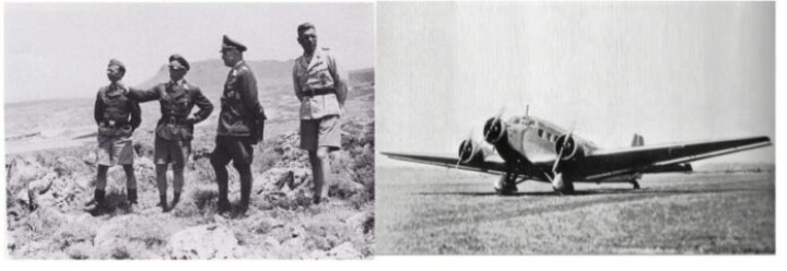 Γερμανοί αξιωματικοί επιθεωρούν τις στρατιωτικές εγκαταστάσεις στην Κάρπαθο. Γερμανικό αεροπλάνο στο αεροδρόμιο του Αφιάρτη στη Μάχη της Κρήτης. German officers inspecting military installations on Karpathos. German plane at Afiarti airport during the Battle of Crete.